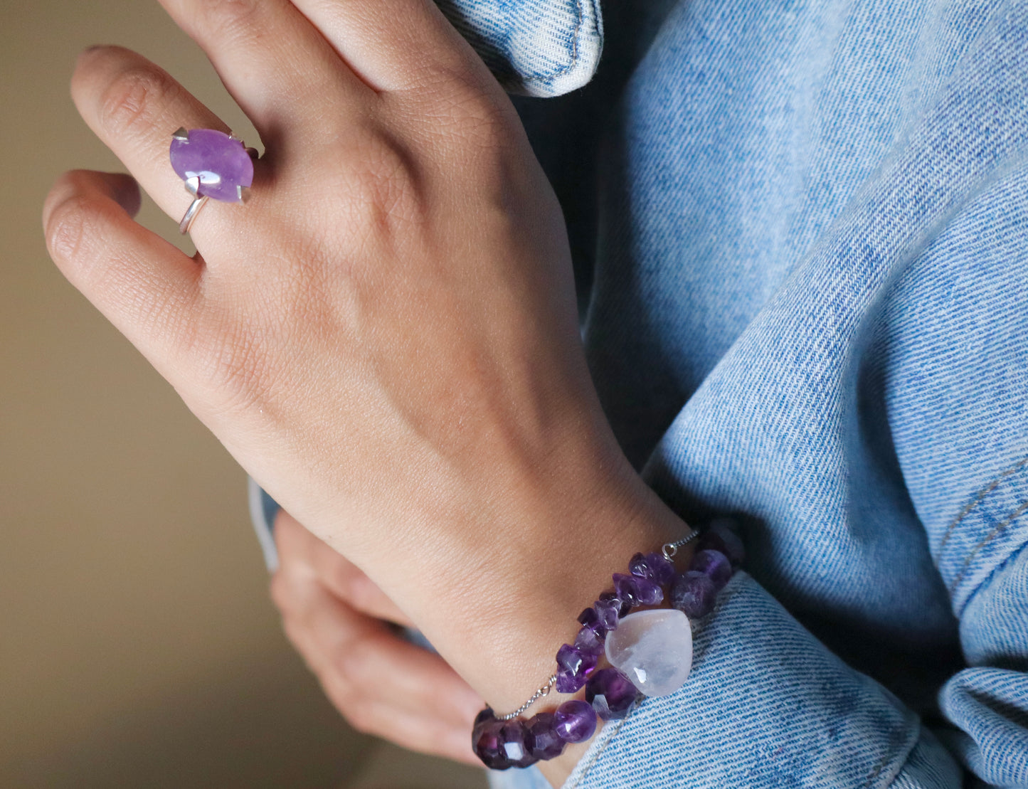 Amethyst & Rose Quartz with 925 Sterling Silver Love & Stress Relief Full Set