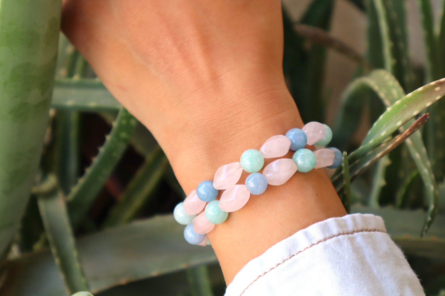 Rose Quartz & Aquamarine with 925 Sterling Silver Love & Tranquility Bracelet