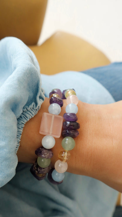 Rose Quartz, Amethyst, Aquamarine, Citrine, & Jade Mixed Stones Bracelet