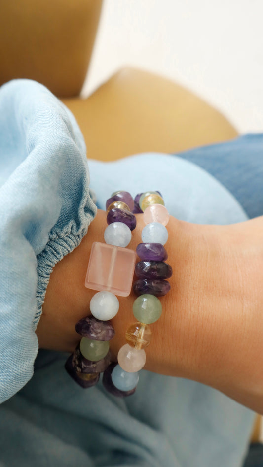 Rose Quartz, Amethyst, Aquamarine, Citrine, & Jade Mixed Stones Bracelet