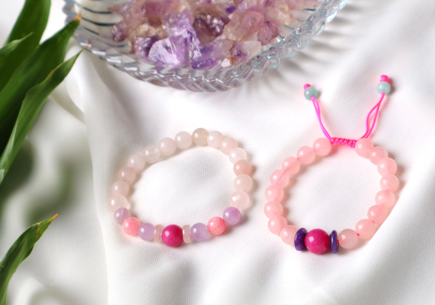 Rose Quartz, Amethyst, Purple Agate, Aquamarine, Rhodochrosite, and Pink Jade Supreme Benefits Bracelet