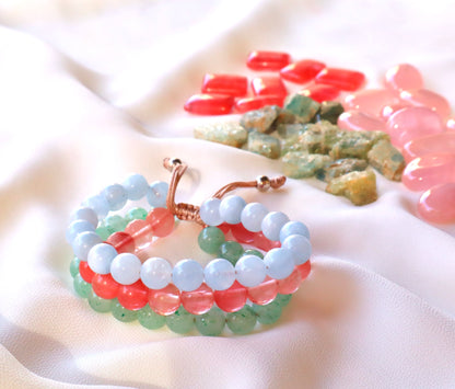 Aquamarine, Jade, & Cherry Rose Quartz Calm, Balance, and Love Triple Bracelet