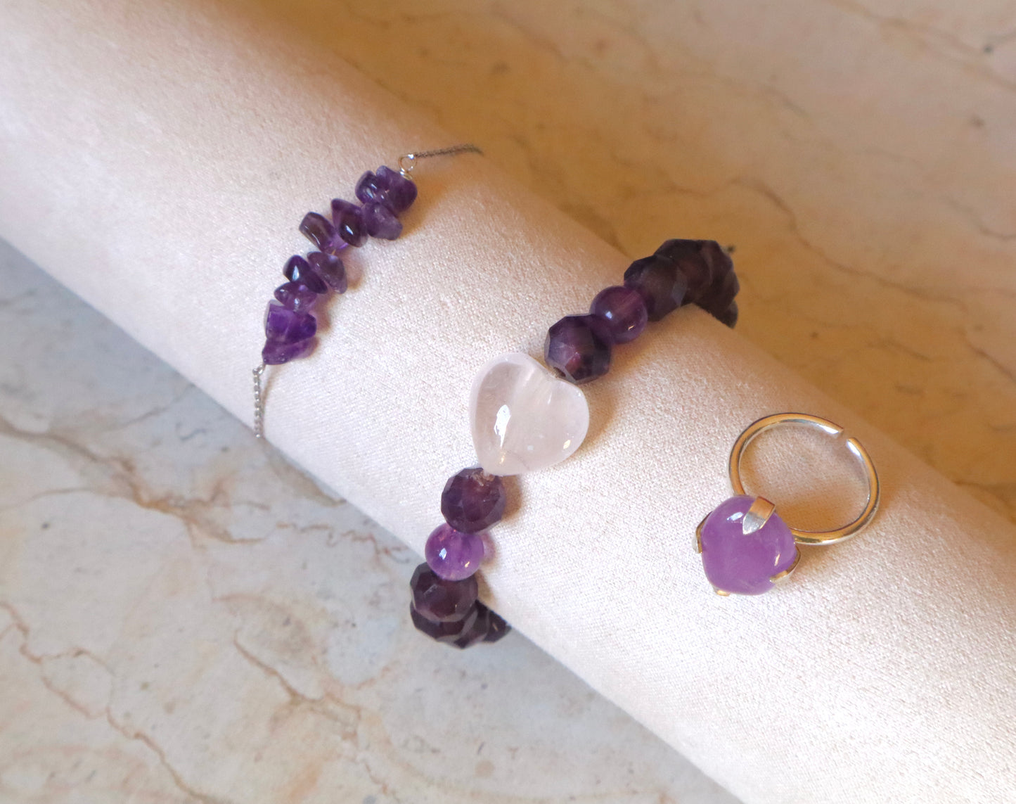 Amethyst & Rose Quartz with 925 Sterling Silver Love & Stress Relief Full Set