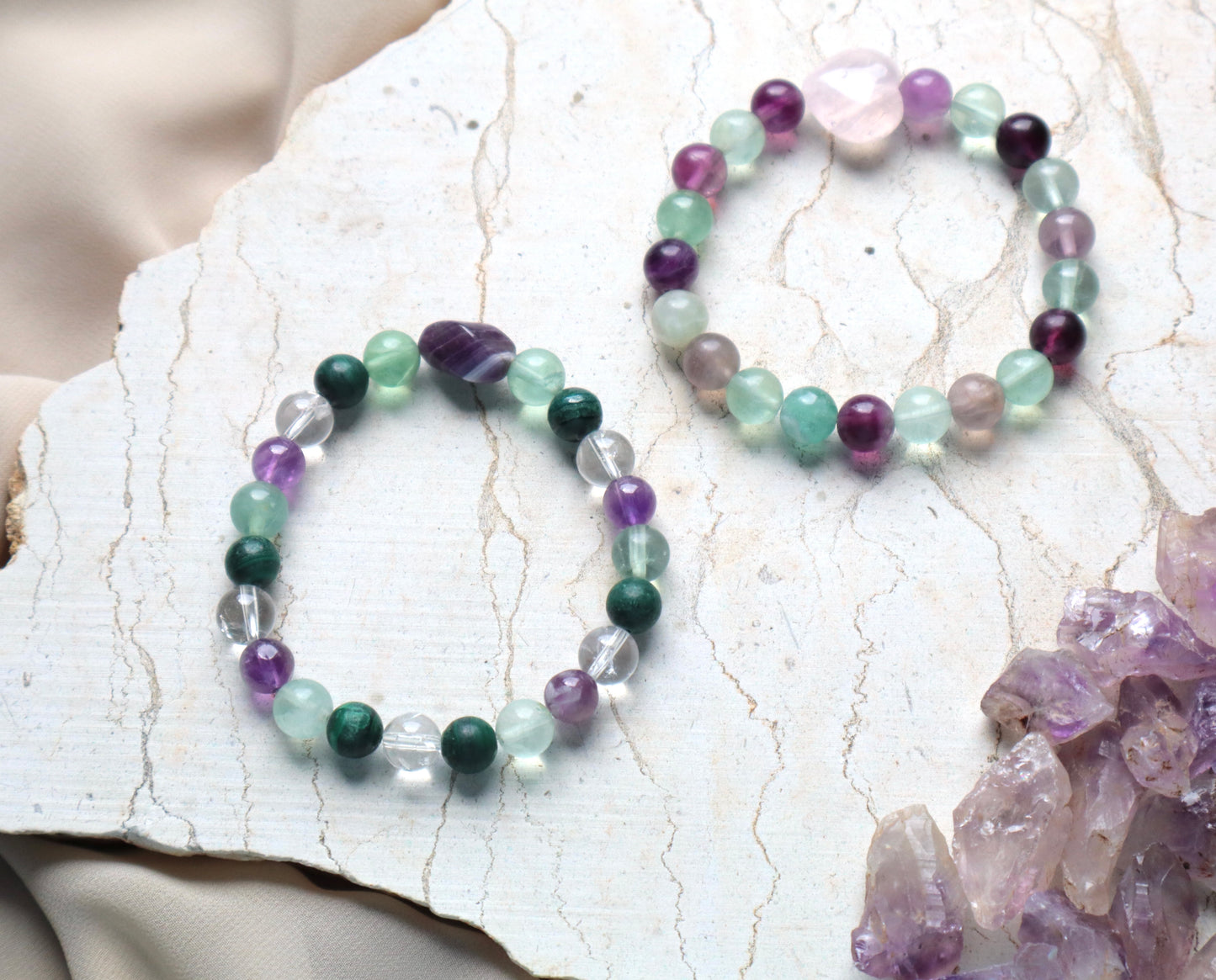 Rose Quartz, Amethyst, Malachite, Flourite, & Clear Quartz Bracelets