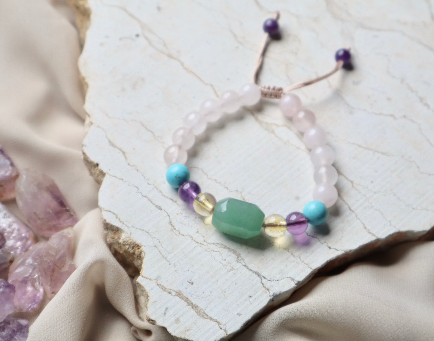 Jade, Rose Quartz, Amethyst, Citrine, Turquoise, & Aquamarine Bomb of Benefits Bracelet