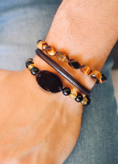 Tiger’s Eye & Brown Leather Courage & Wealth Double Bracelet