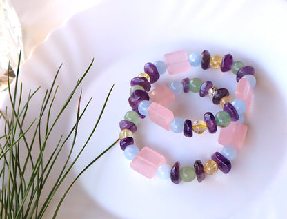 Rose Quartz, Amethyst, Aquamarine, Citrine, & Jade Mixed Stones Bracelet