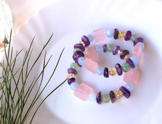 Rose Quartz, Amethyst, Aquamarine, Citrine, & Jade Mixed Stones Bracelet