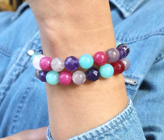 Pink Jade, Rose Quartz, & Colorful Agate Stones Relief Bracelets