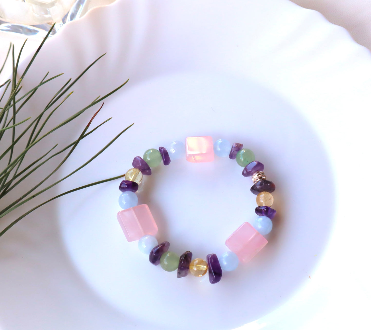 Rose Quartz, Amethyst, Aquamarine, Citrine, & Jade Mixed Stones Bracelet