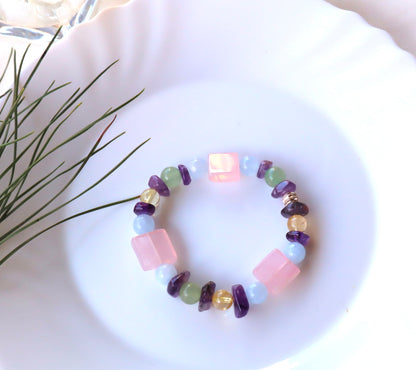 Rose Quartz, Amethyst, Aquamarine, Citrine, & Jade Mixed Stones Bracelet