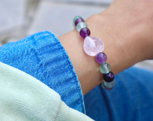 Rose Quartz, Amethyst, Malachite, Flourite, & Clear Quartz Bracelets