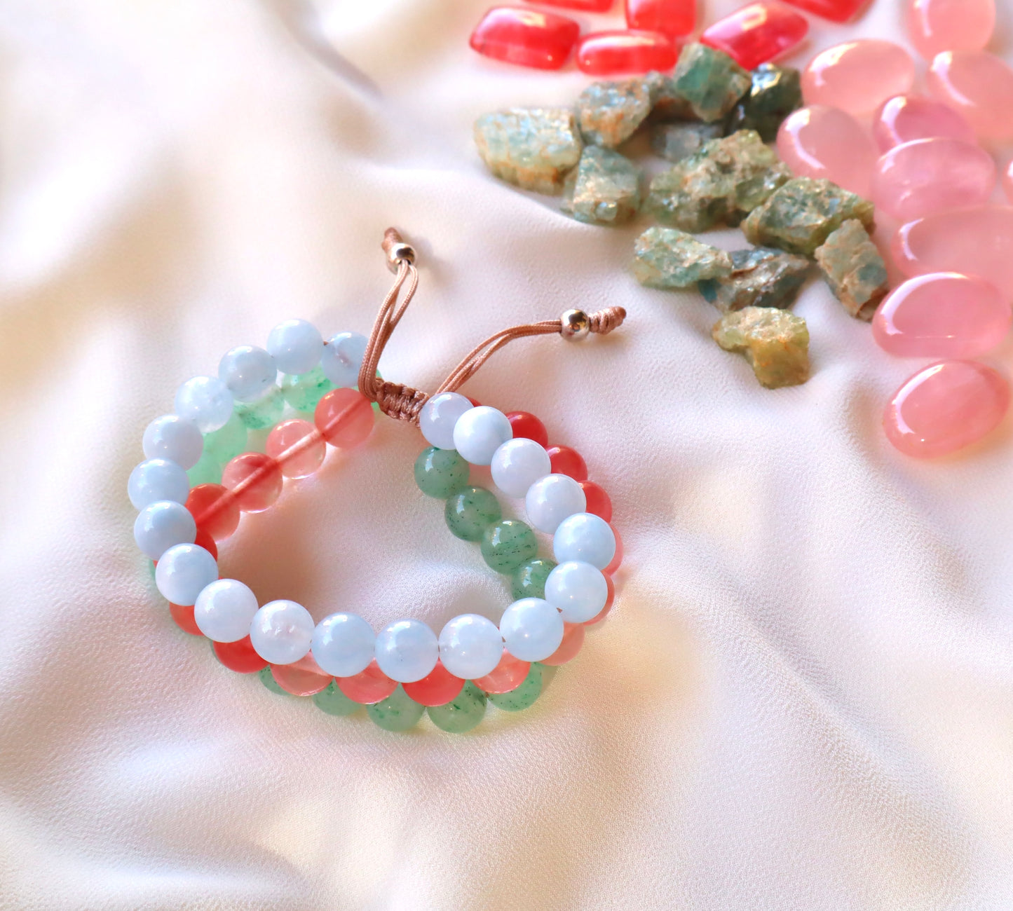 Aquamarine, Jade, & Cherry Rose Quartz Calm, Balance, and Love Triple Bracelet