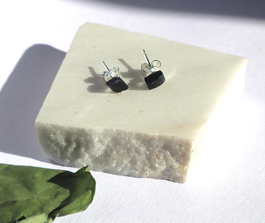 Black Tourmaline & Black Onyx Detoxification & Physical Strength 925 Sterling Silver Stud Earrings