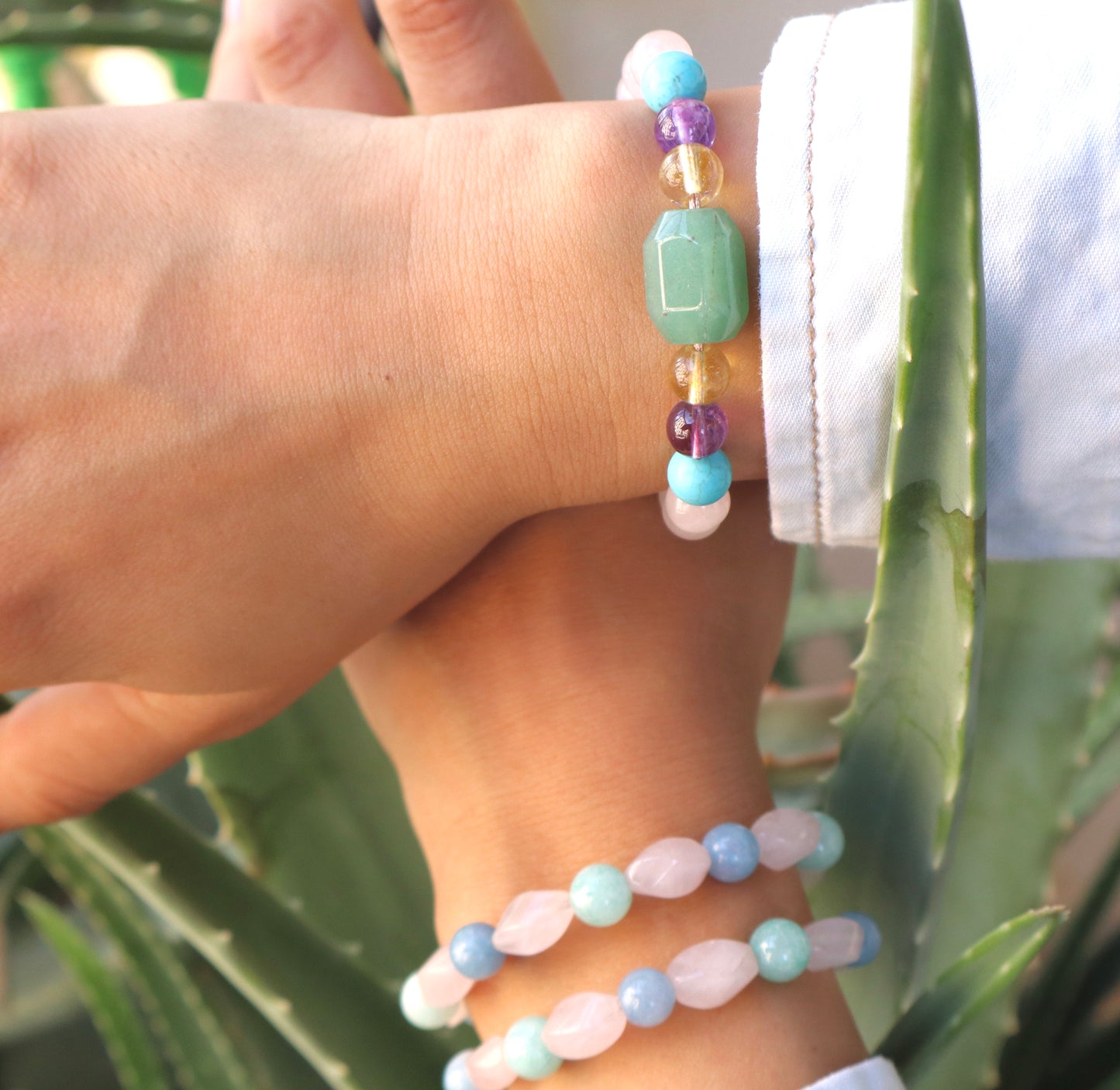 Rose Quartz & Aquamarine with 925 Sterling Silver Love & Tranquility Bracelet