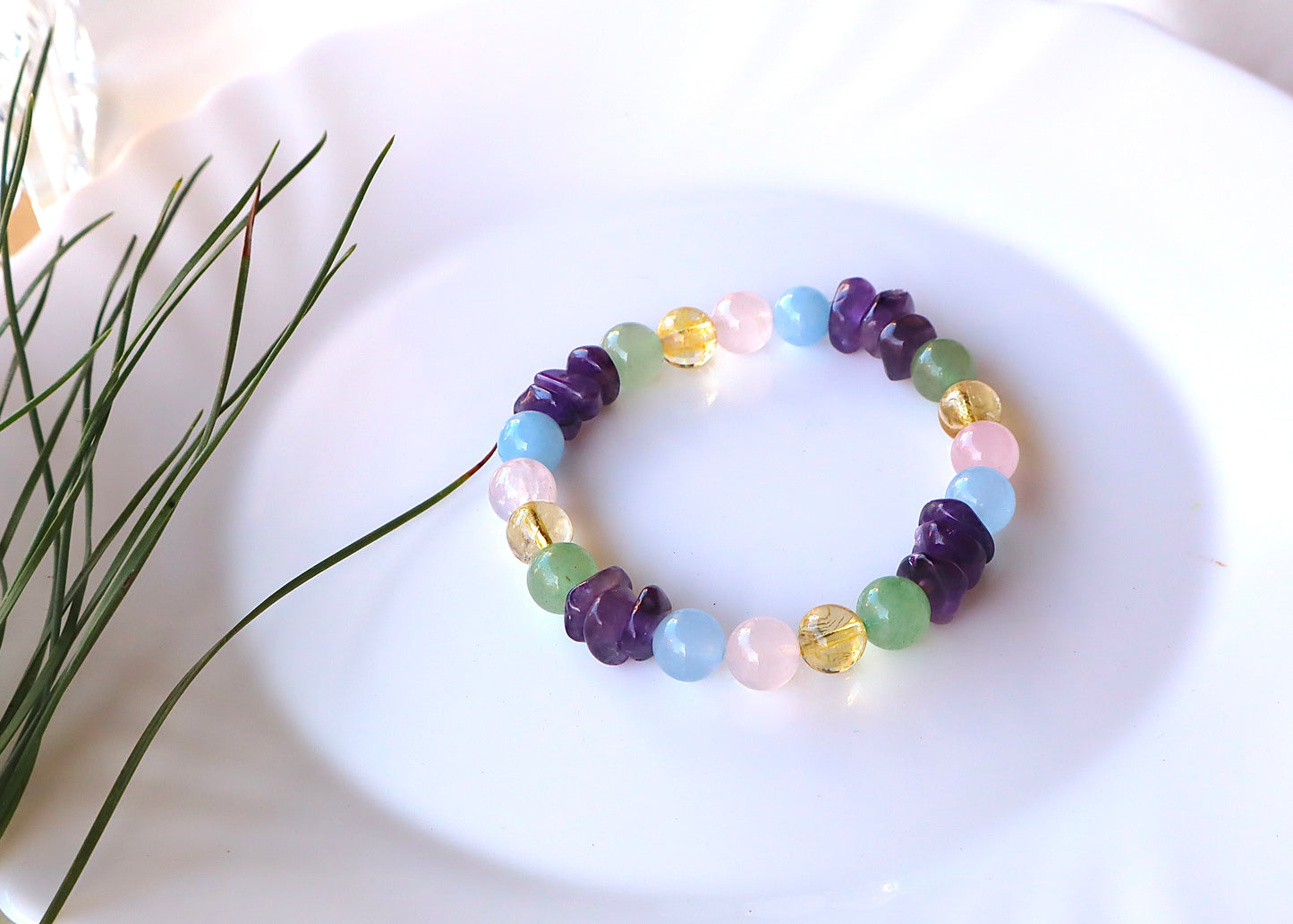 Rose Quartz, Amethyst, Aquamarine, Citrine, & Jade Mixed Stones Bracelet