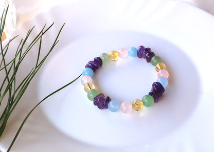 Rose Quartz, Amethyst, Aquamarine, Citrine, & Jade Mixed Stones Bracelet