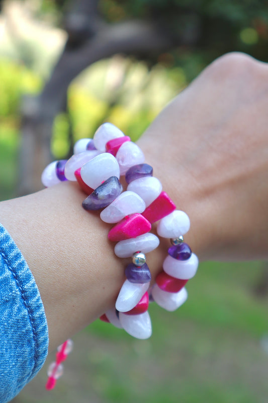 Rose Quartz, Amethyst, & Pink Jade with 925 Sterling Silver Love & Tranquility Bracelet