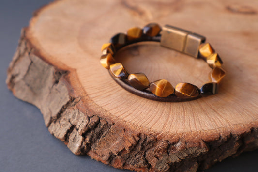 Tiger’s Eye & Brown Leather Courage & Wealth Double Bracelet