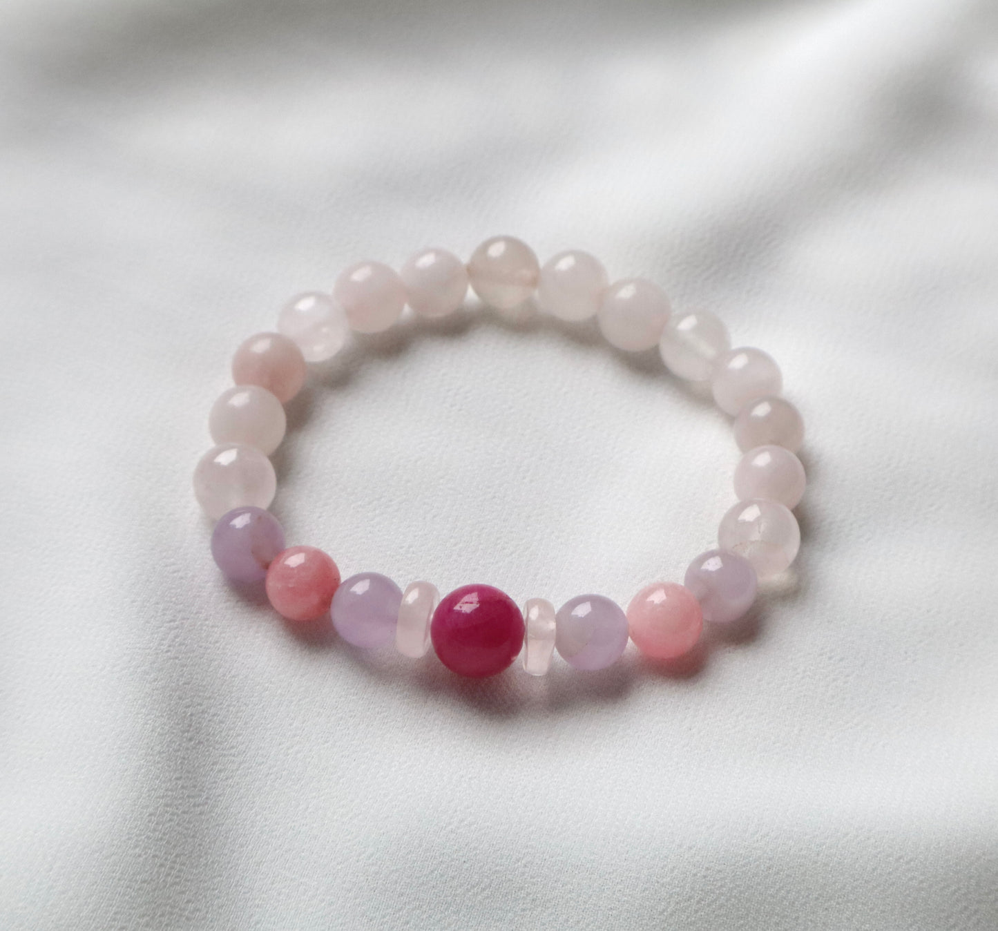 Rose Quartz, Amethyst, Purple Agate, Aquamarine, Rhodochrosite, and Pink Jade Supreme Benefits Bracelet