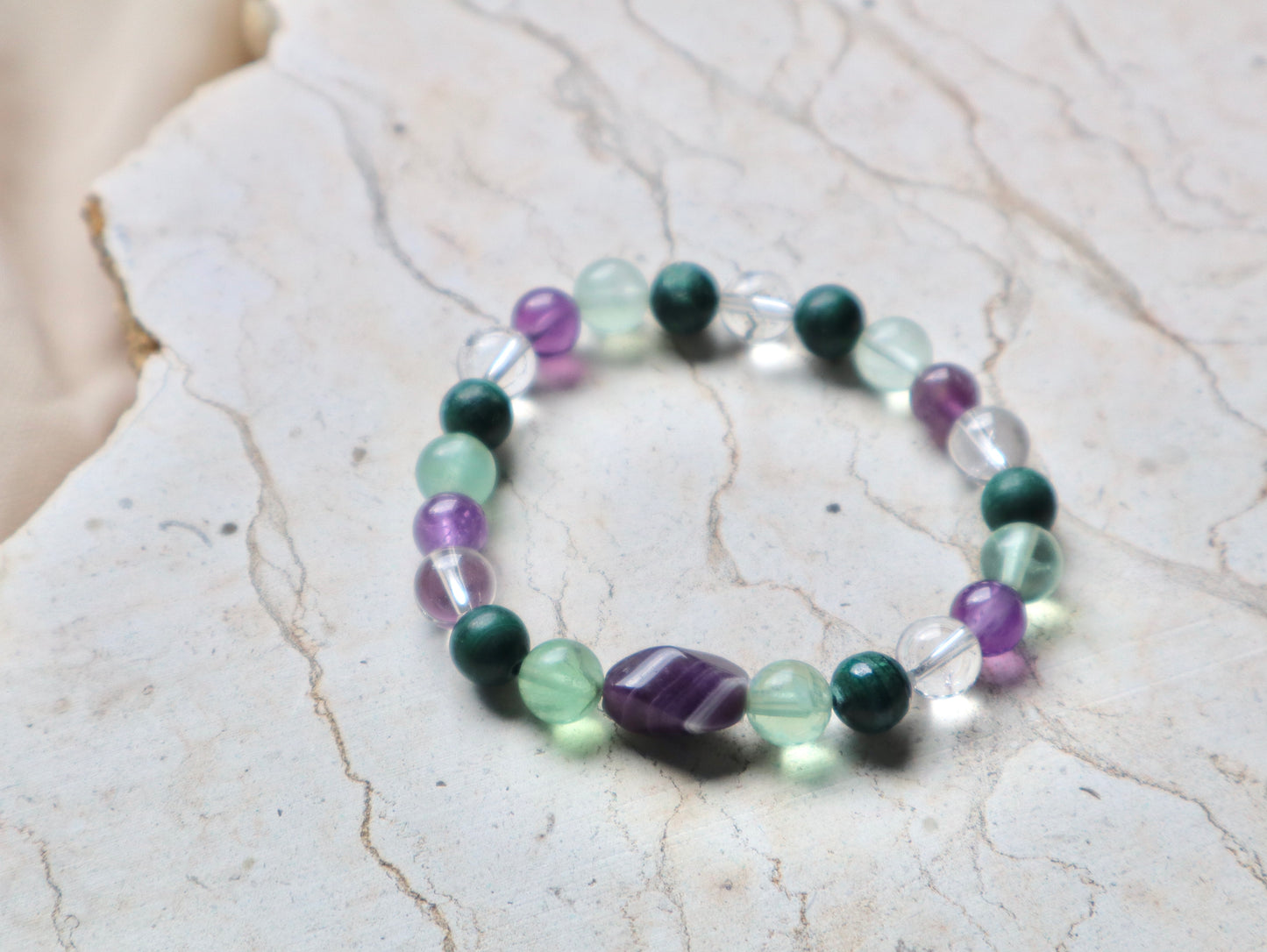 Rose Quartz, Amethyst, Malachite, Flourite, & Clear Quartz Bracelets