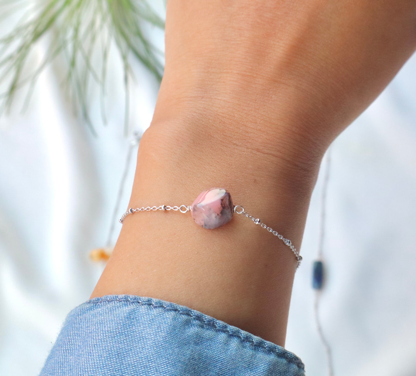 Pink Opal, Moonstone, Amethyst, & Rose Quartz with 925 Sterling Silver Bracelets