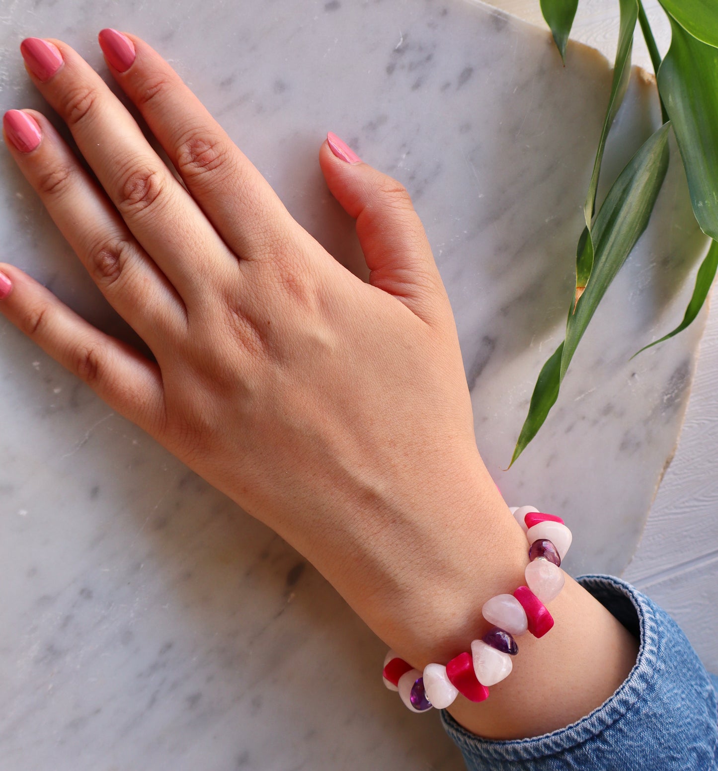 Rose Quartz, Amethyst, & Pink Jade with 925 Sterling Silver Love & Tranquility Bracelet