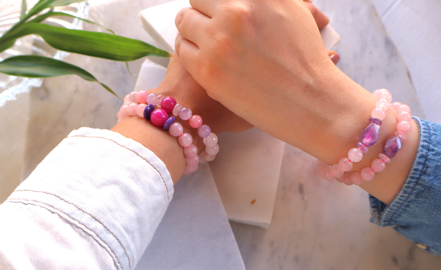 Rose Quartz, Amethyst, Purple Agate, Aquamarine, Rhodochrosite, and Pink Jade Supreme Benefits Bracelet