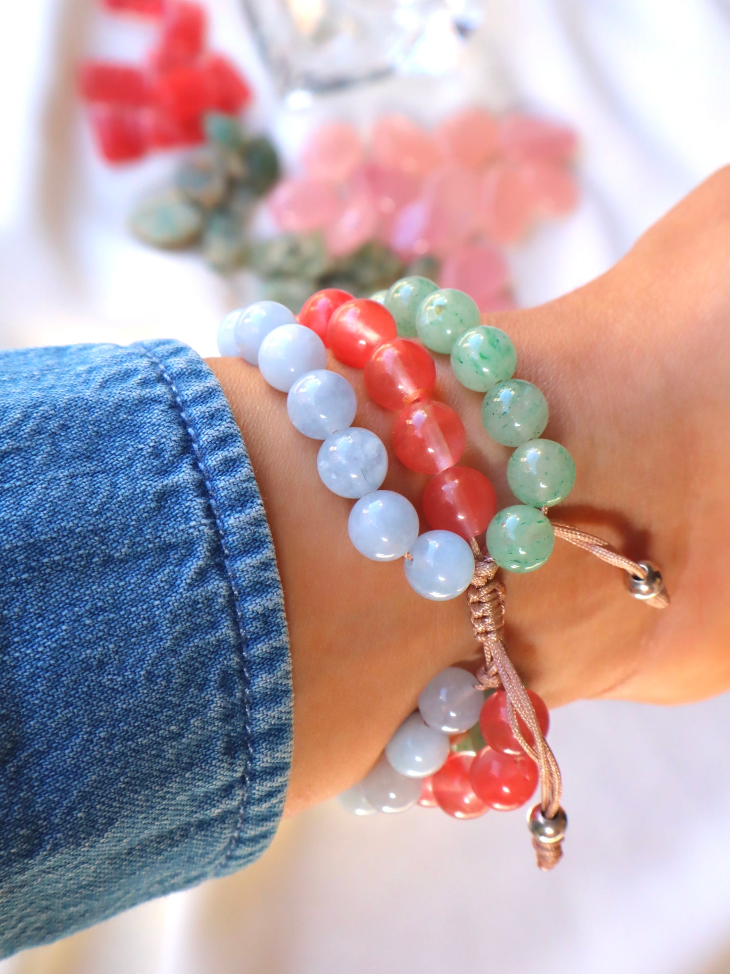 Aquamarine, Jade, & Cherry Rose Quartz Calm, Balance, and Love Triple Bracelet