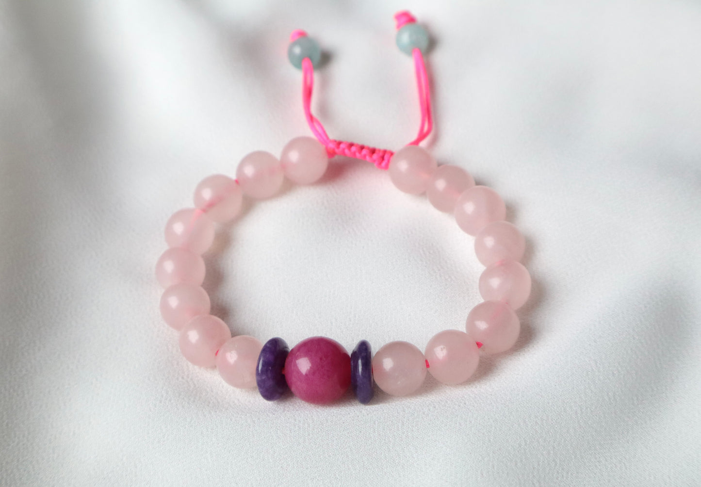 Rose Quartz, Amethyst, Purple Agate, Aquamarine, Rhodochrosite, and Pink Jade Supreme Benefits Bracelet