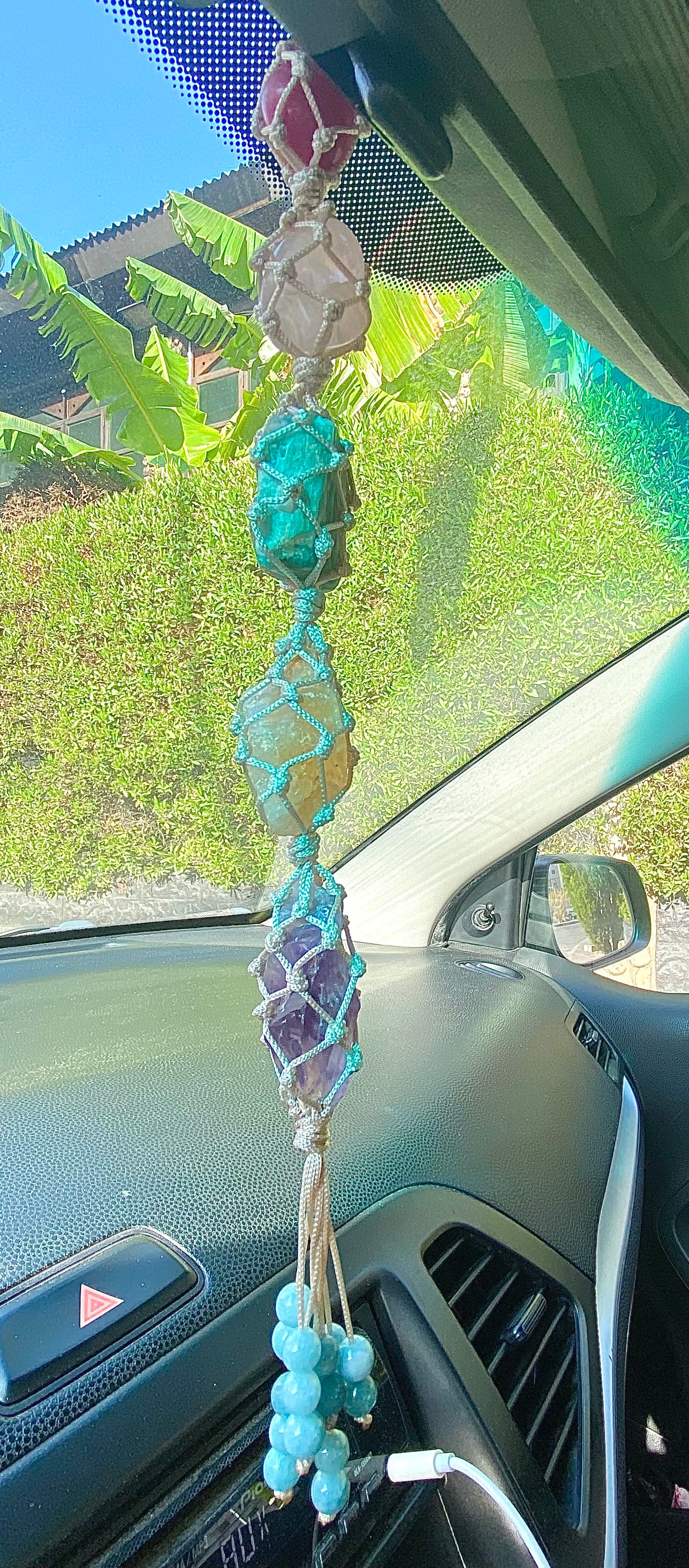 Ruby, Rose Quartz, Amazonite, Citrine, Amethyst, & Aquamarine Car Mirror Charm Extra Positive Vibe Ride