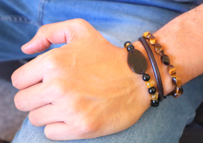 Tiger’s Eye & Brown Leather Courage & Wealth Double Bracelet