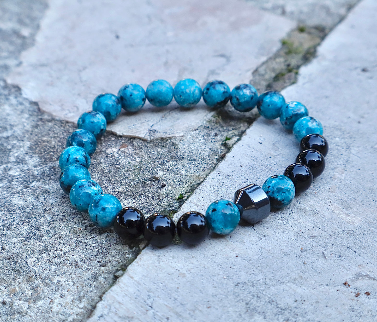 Ocean Blue Feldspar Jasper, Hematite, & Black Onyx Emotional Healing and Balance Men Bracelet