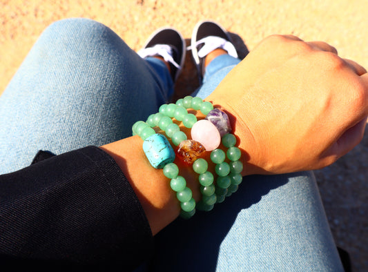 Green Jade, Turquoise, Citrine, Amethyst, & Rose Quartz Stacked Bracelets