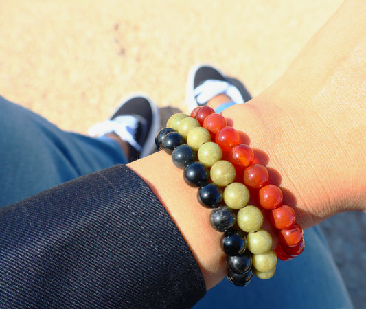 Black Onyx, Jade, & Carnelian/Agate Triple Bracelet for Energy & Tranquility