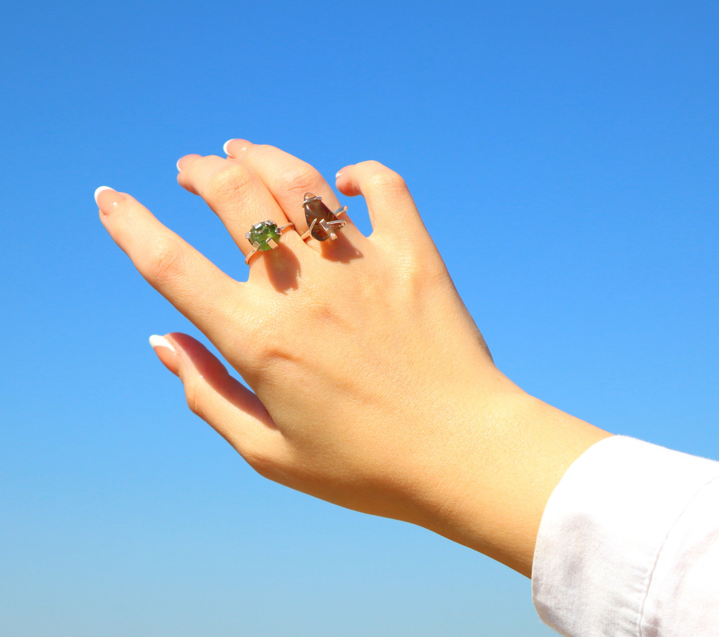 Green Tourmaline and Smokey Quartz Sterling Silver Rings