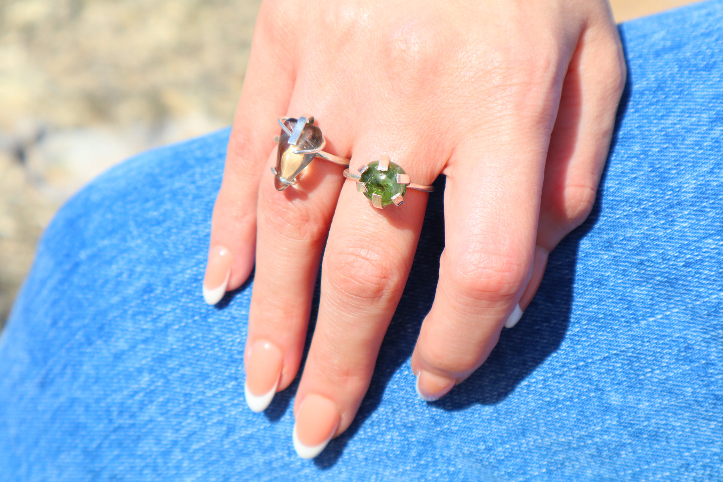 Green Tourmaline and Smokey Quartz Sterling Silver Rings