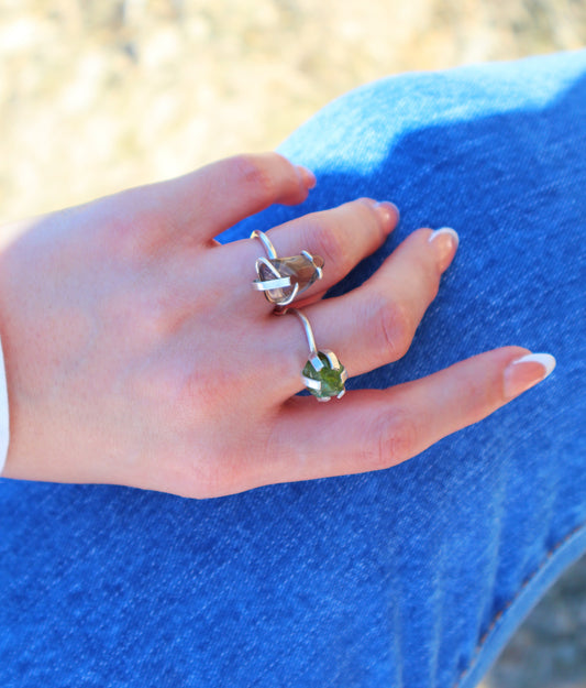 Green Tourmaline and Smokey Quartz Sterling Silver Rings