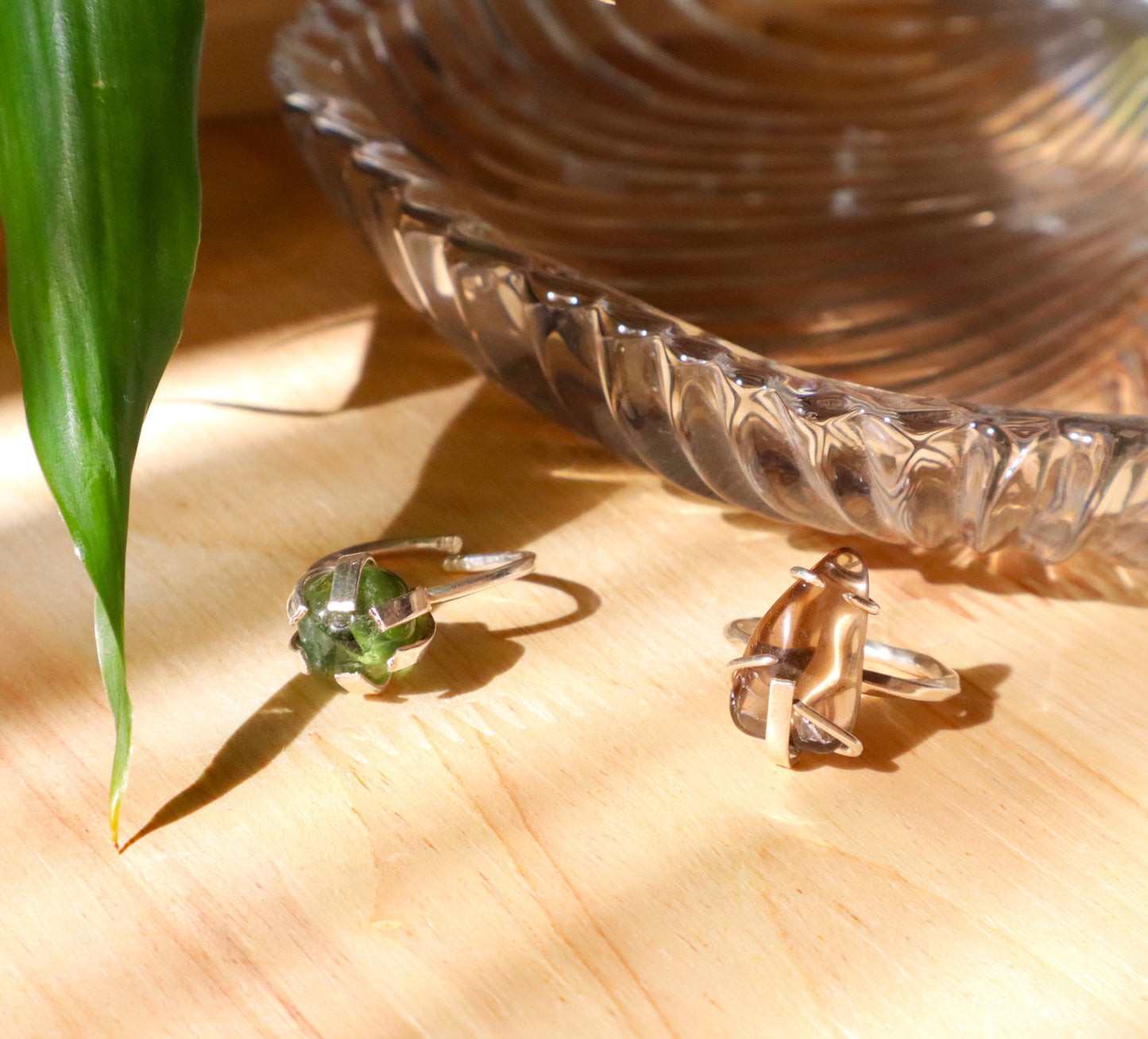 Green Tourmaline and Smokey Quartz Sterling Silver Rings