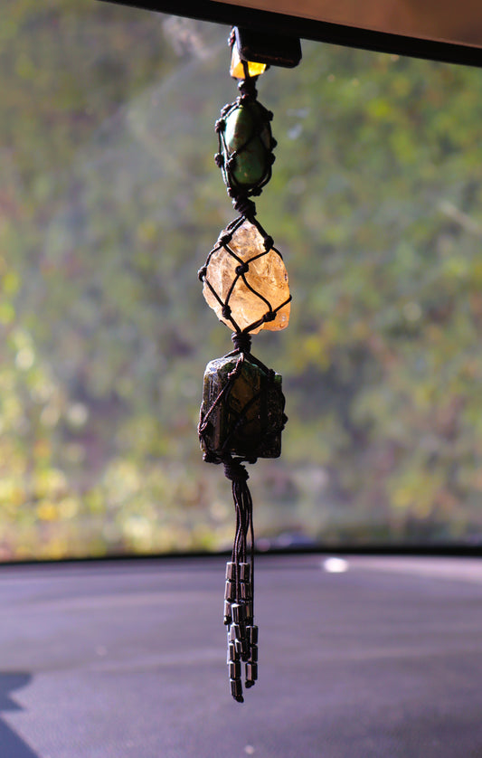 Citrine & Tourmaline Gemstones Car Crystal Rear View Mirror Charm For Positive Vibe Journey