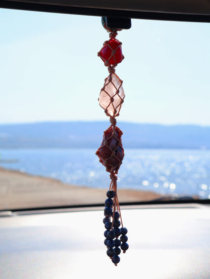 Ruby & Rhodonite Gemstones Car Crystal Rear View Mirror Charm For Positive Vibe Journey