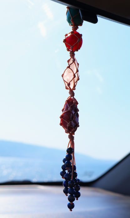 Ruby & Rhodonite Gemstones Car Crystal Rear View Mirror Charm For Positive Vibe Journey