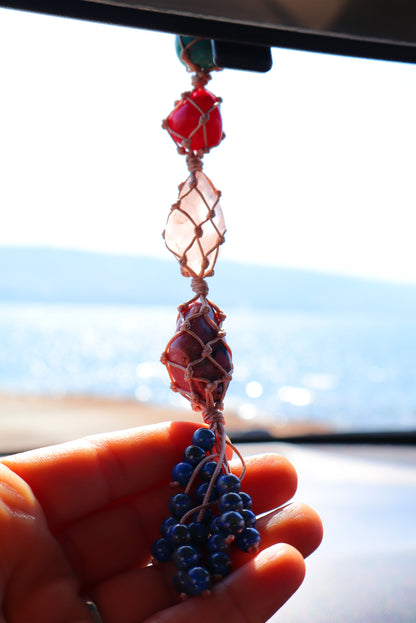 Ruby & Rhodonite Gemstones Car Crystal Rear View Mirror Charm For Positive Vibe Journey