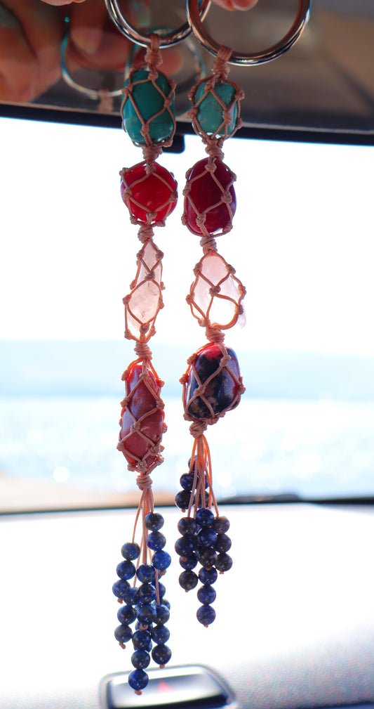 Ruby & Rhodonite Gemstones Car Crystal Rear View Mirror Charm For Positive Vibe Journey